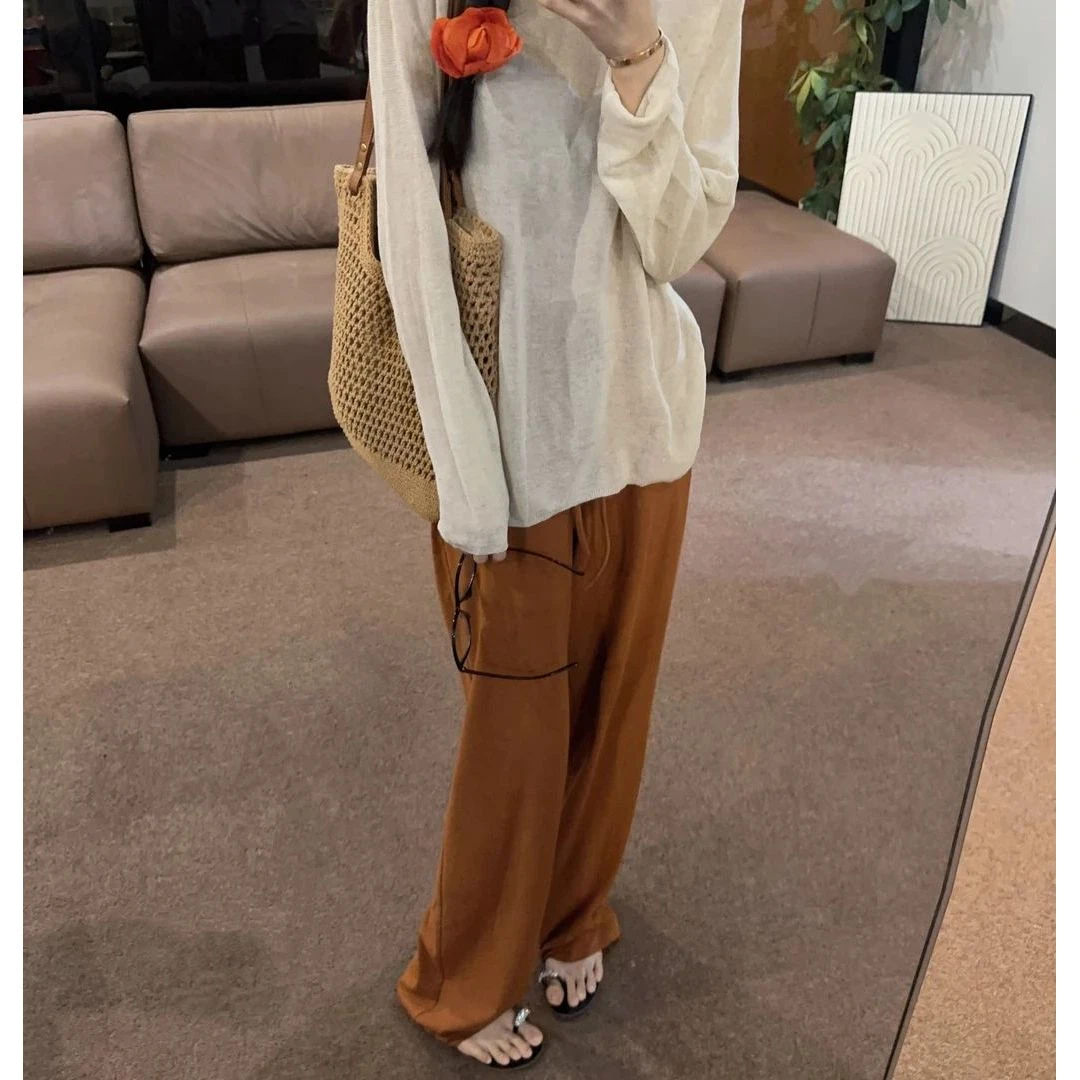 慵懒感夏季休闲风时尚套装复古百搭薄款长袖显瘦韩版直筒阔腿裤