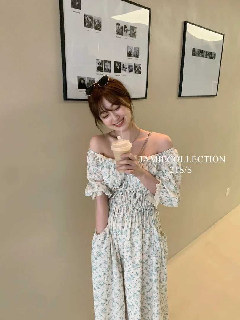 Juicy Girl/我的夏日满分碎花系列 气质法式连衣裙一字肩长裙