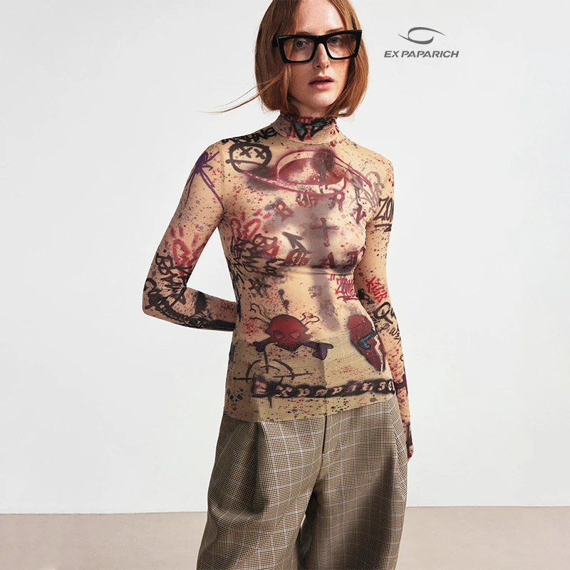 EXPAPARICH Grunge skull印花网纱上衣