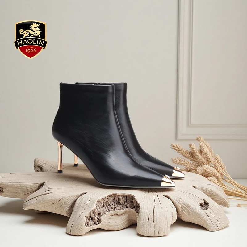 豪麟名鞋迪嘉女鞋冬季法式高跟胎牛皮革尖头细跟短靴DJYYA52WN003