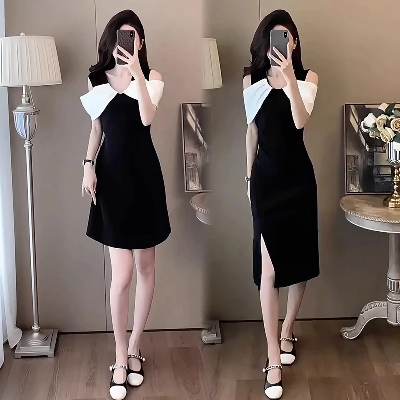 拉夏贝尔新款赫本风法式气质收腰显瘦露肩连衣裙女2025夏款小黑裙