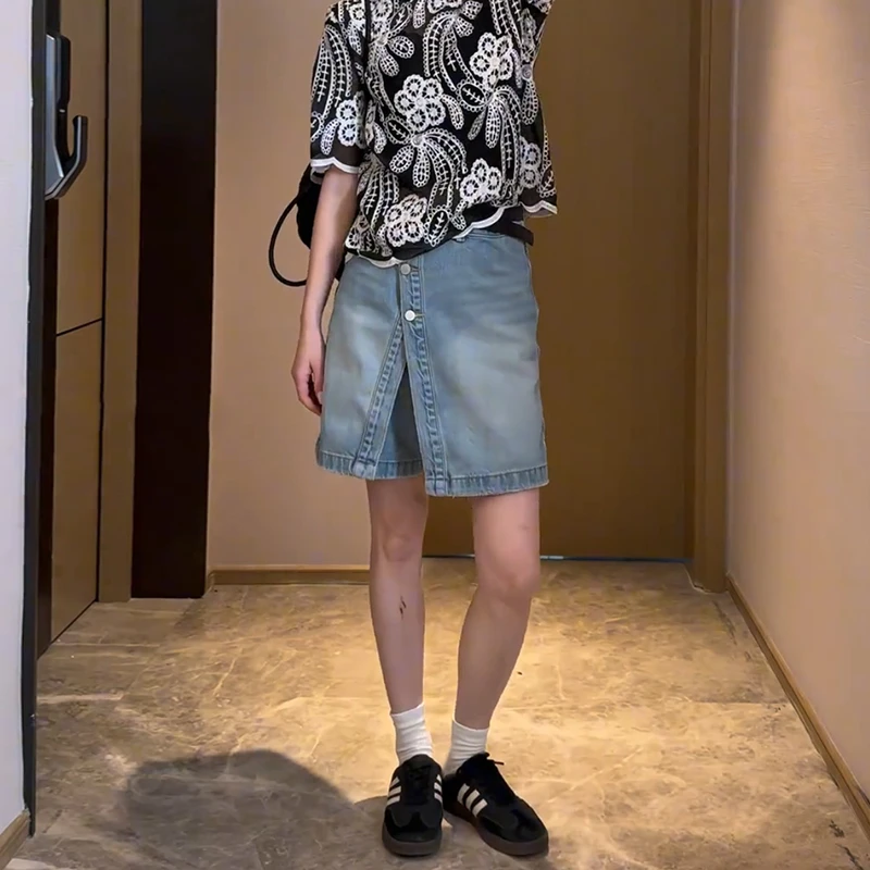 大码复古假两件牛仔裙裤女2025夏季胖mm设计感休闲高腰洋气短裤子