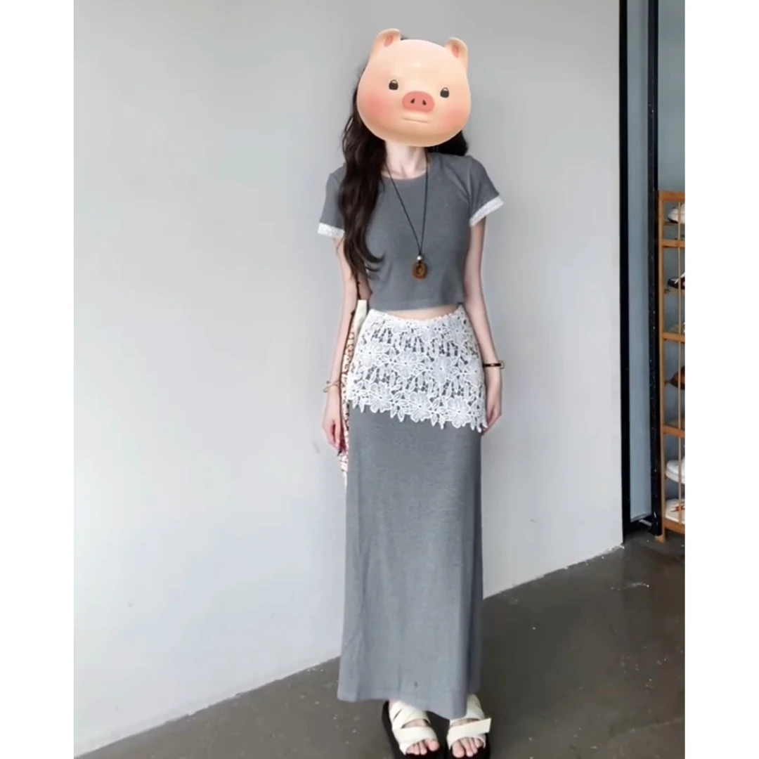 2025新款夏韩系修身气质小个子独特设计感短袖蕾丝拼接半身裙套装