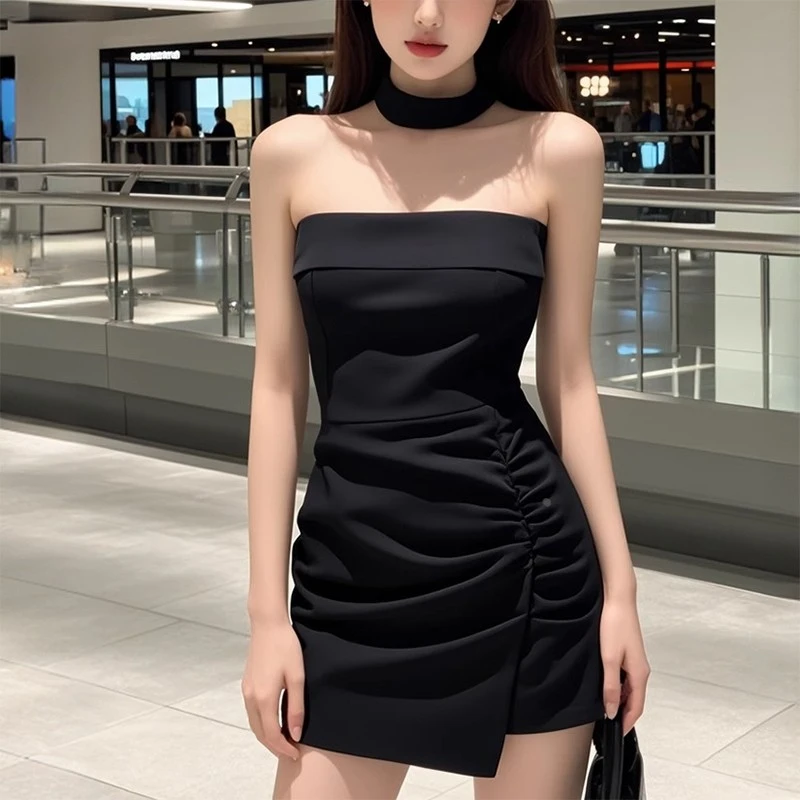 2025夏季新款黑色露肩抹胸连衣裙气质优雅包臀裙褶皱收腰显瘦裙子
