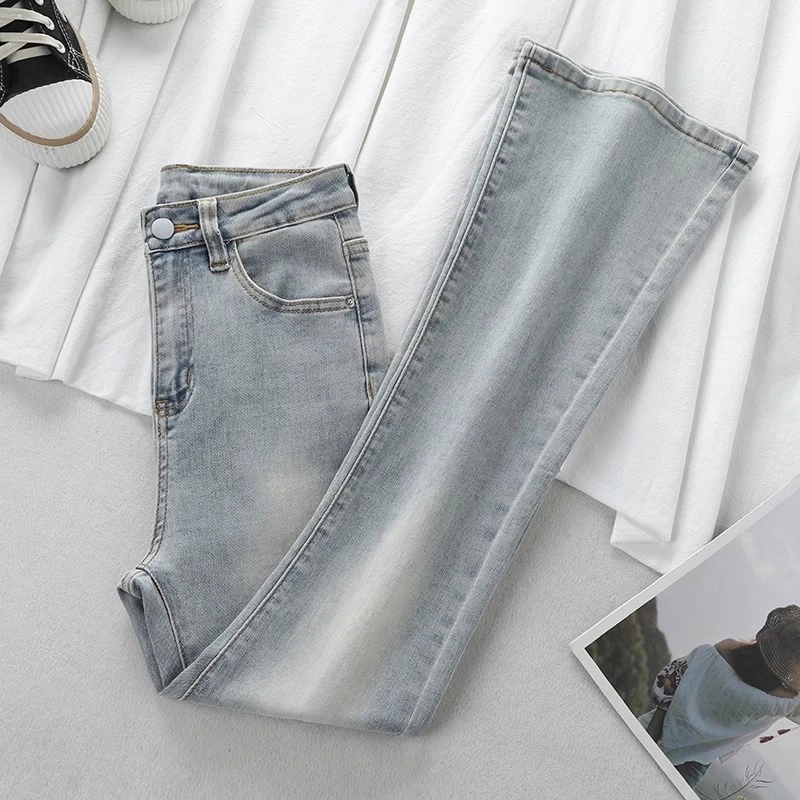 雪千羽浅色微喇牛仔裤女喇叭裤2025新款春夏修身小个子水洗马蹄裤