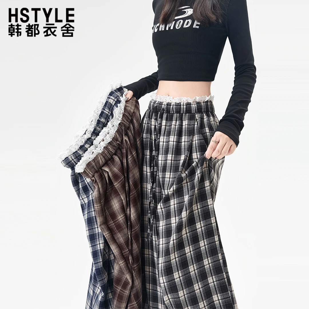 韩都衣舍高腰慵懒宽松蕾丝花边格子阔腿裤女2025秋季休闲拖地裤子