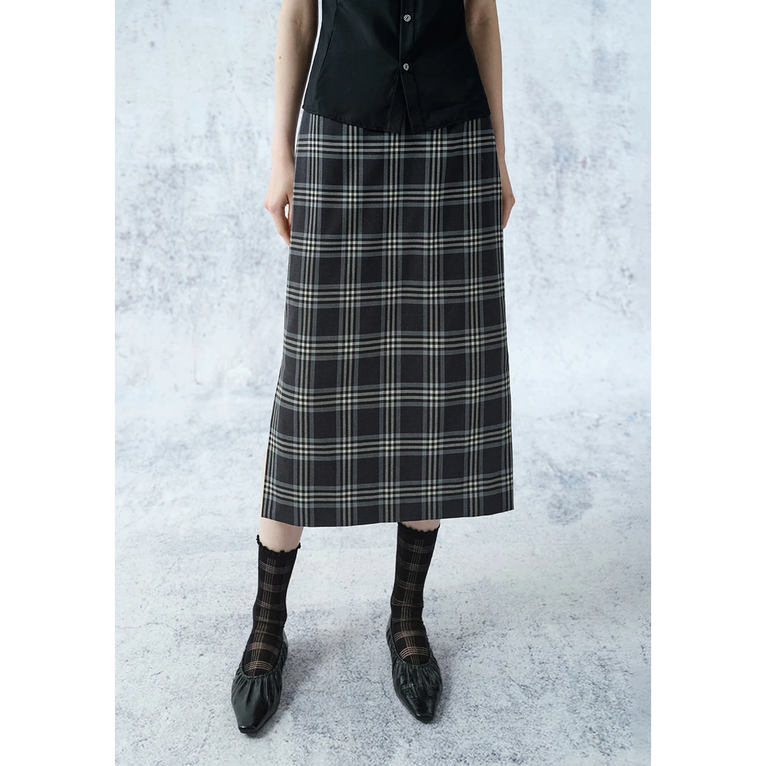 【中式衣橱】puretea茶愫色织格纹半身裙女开衩2024夏新款KS0502C21