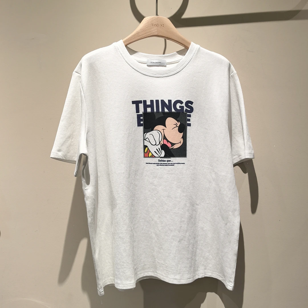 NO退换❤️简约半袖宽松卡通米奇动漫韩版T恤百搭纯色女士短袖均码