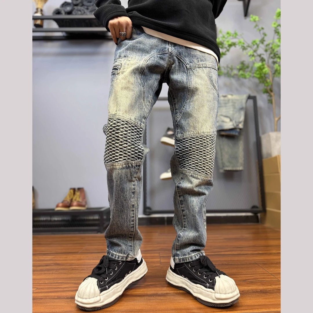 秋冬宽松直筒裤中腰美式复古牛仔裤石磨做旧男美式个性潮流C9029