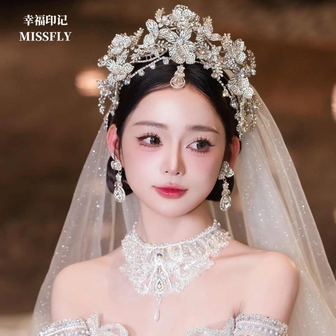 公主额链满钻花朵皇冠眉心坠额饰品新娘主婚纱头饰出门纱婚礼发饰