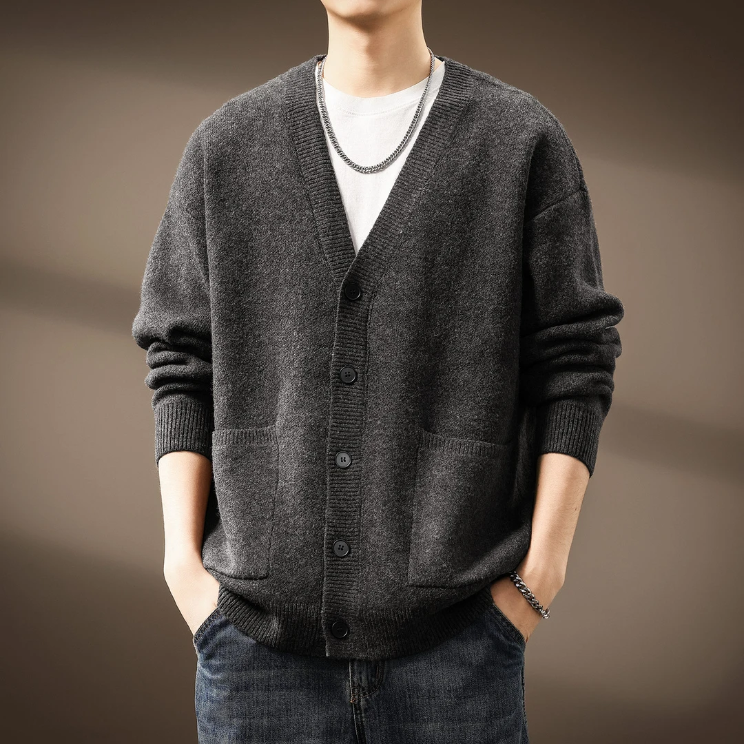 高端法式慵懒风V领针织开衫外套男士冬季潮牌复古宽松休闲毛衣男