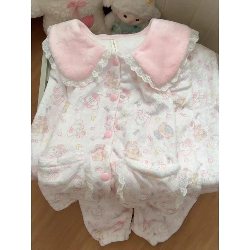 MIKO娃娃领法兰绒款加厚长袖长裤睡衣家居服套装