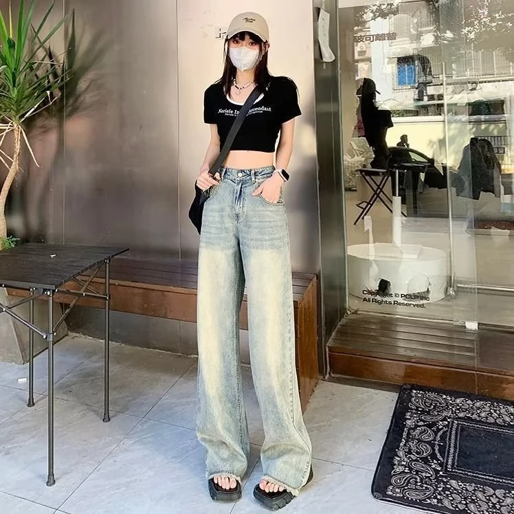 美式复古设计感小众牛仔裤女夏秋季高腰直筒宽松拖地阔腿2025年潮