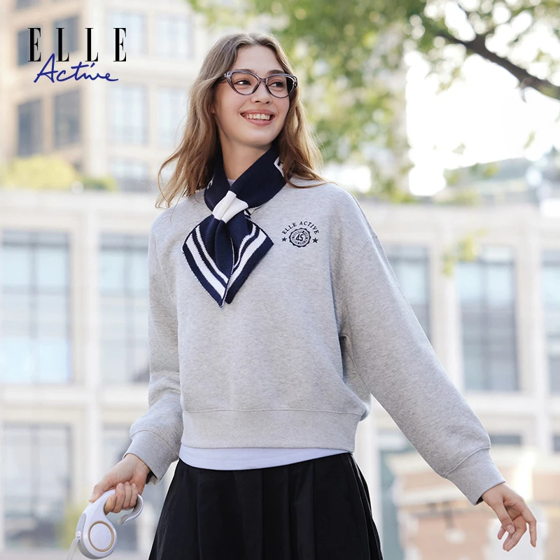 ELLE Active多巴胺短款圆领卫衣秋装女宽松休闲时尚活力长袖上衣