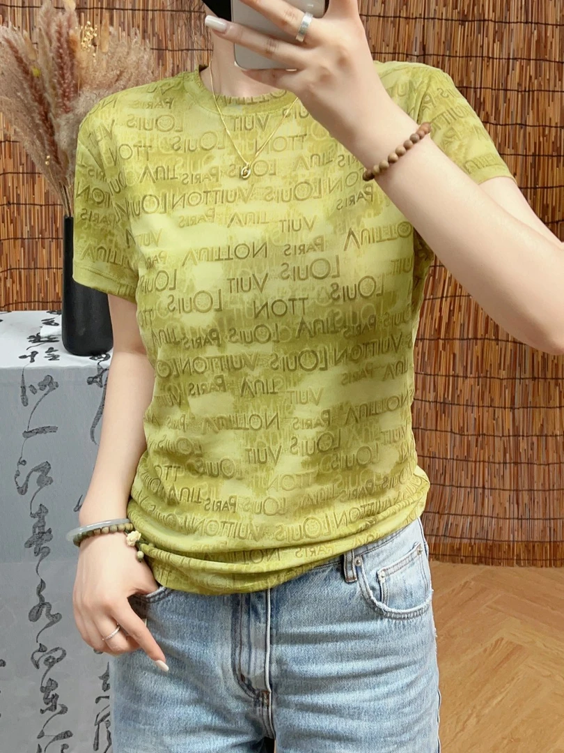 植绒网纱时尚休闲百搭短袖T恤女YW1634