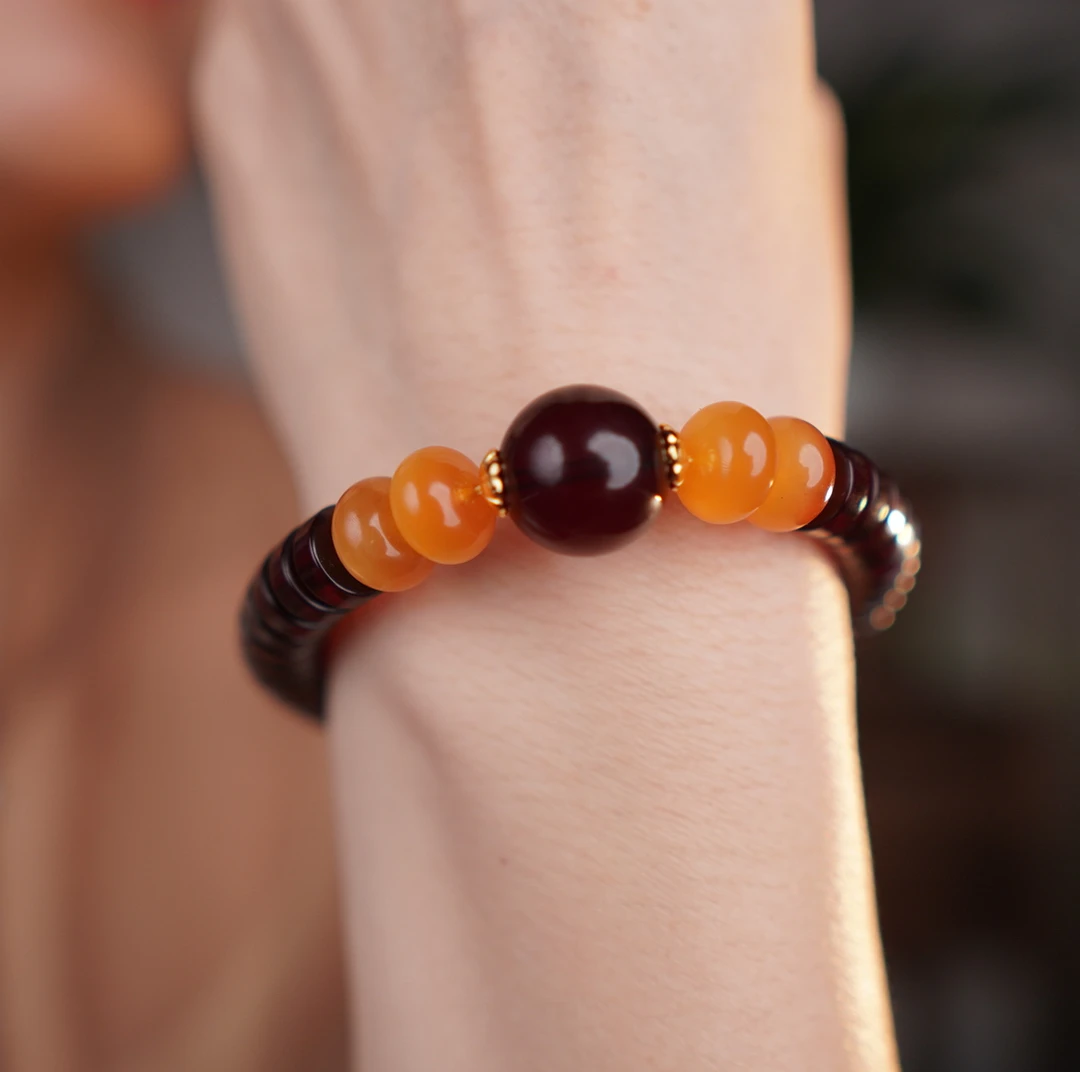 9+缅甸天然血珀精工直切配14+单珠设计款药片镯精美民族风