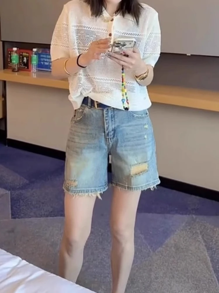 夏季薄款破洞牛仔短裤女新款高腰休闲阔腿A字热裤潮财阀千金女装