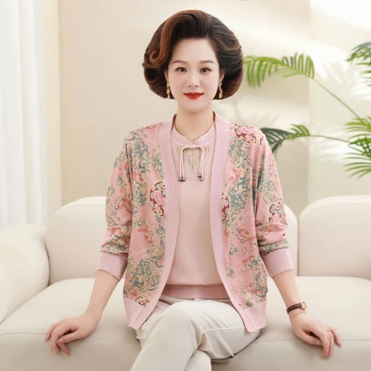 中式妈妈装秋季两件套宽松上衣中老年女装时尚针织短袖+开衫