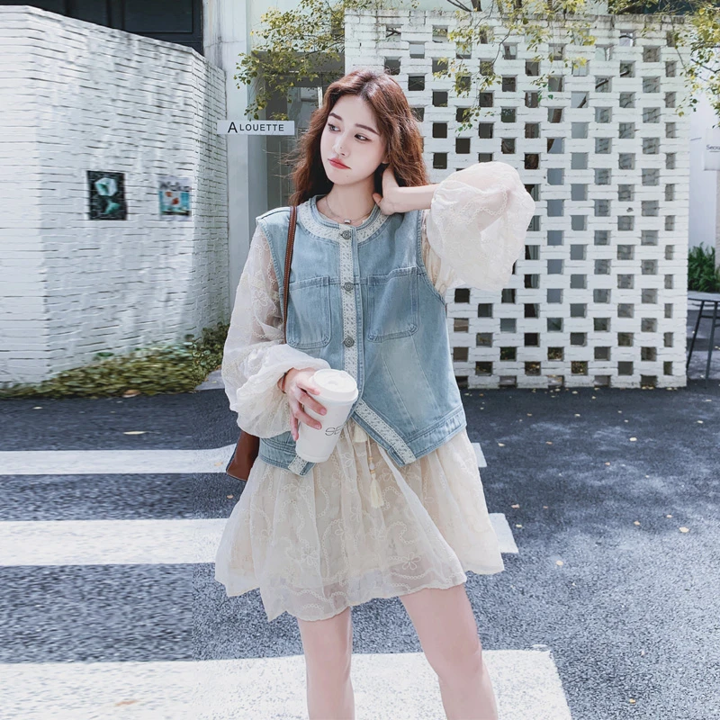 复古牛仔马甲蕾丝提花连衣裙2025春秋新款韩系ins风通勤气质套装