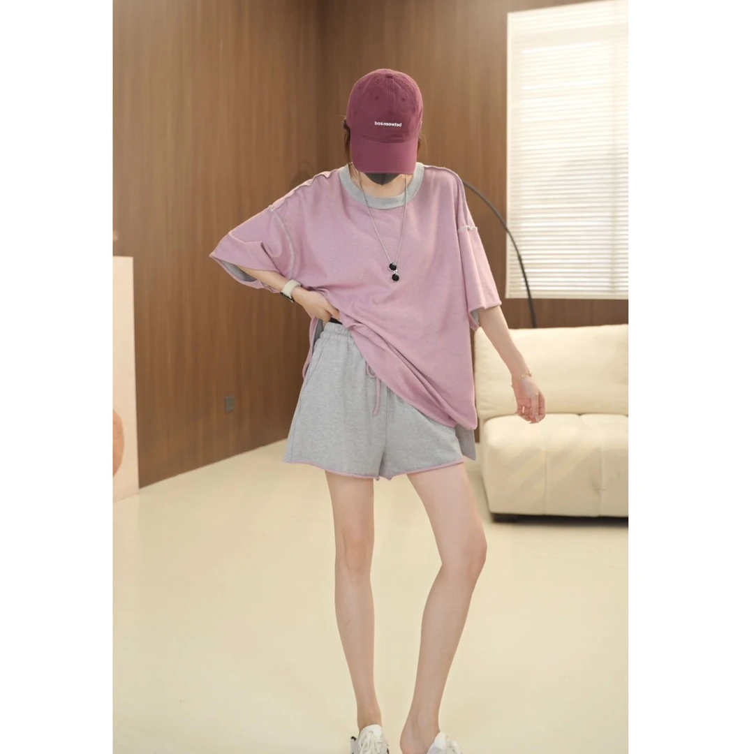 硕哥【单短裤】时尚拼接撞色灰粉休闲百搭出游必备短裤 C25261