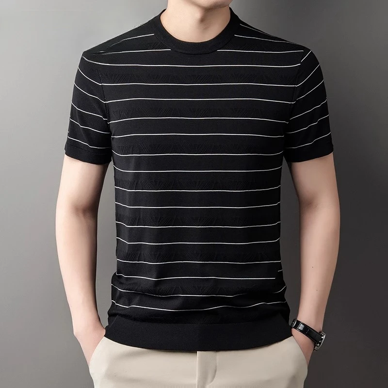 Louis Fordea/路易弗狄T恤短袖男款夏季透气冰丝男装条纹商务衬衫