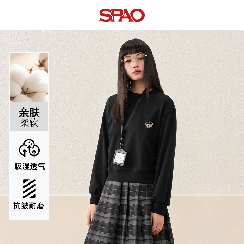 SPAO韩国同款小熊刺绣女2025秋青春学院风设计显瘦圆领无帽卫衣YC