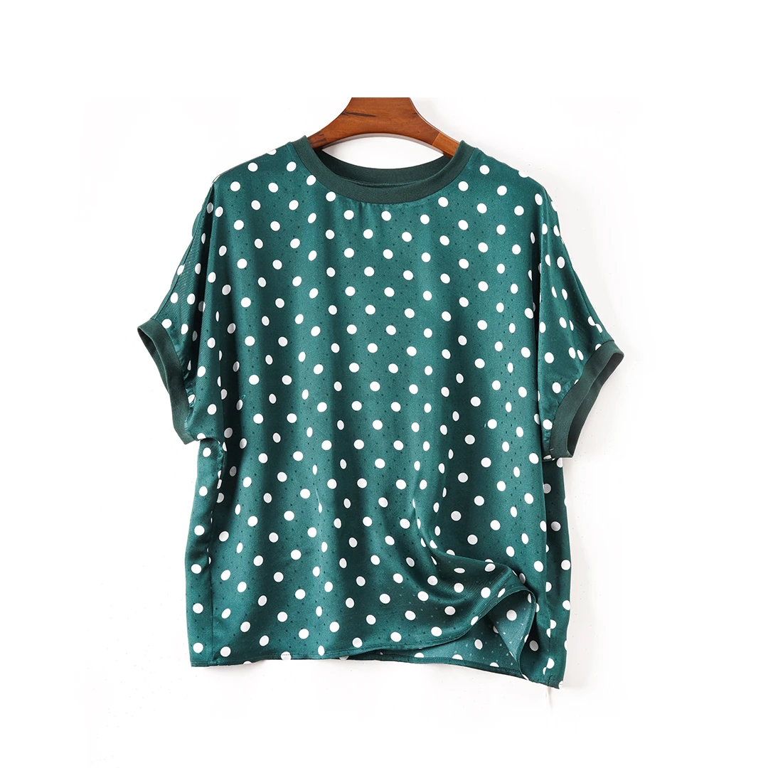 100%桑蚕丝真丝桑波缎休闲风圆领夏季宽松波点T恤
