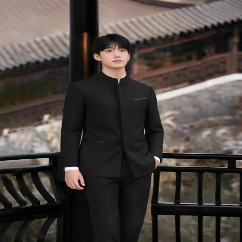 宴会中山装男士修身暗门套装中华立领中国风中式结婚新郎伴郎礼服