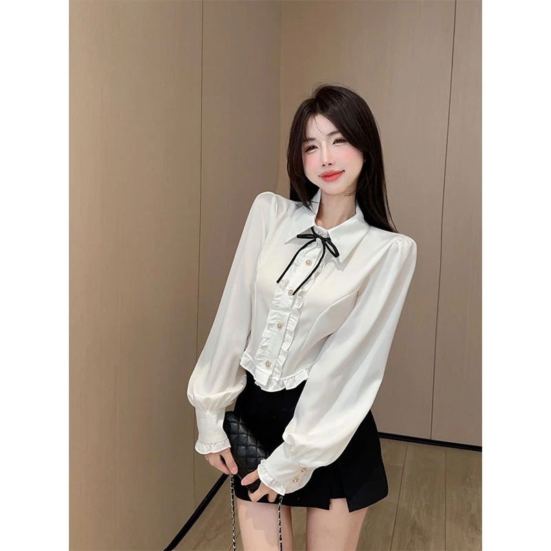 2025秋季新款甜辣妹设计感荷叶边白色长袖衬衫+高腰包臀短裙套装