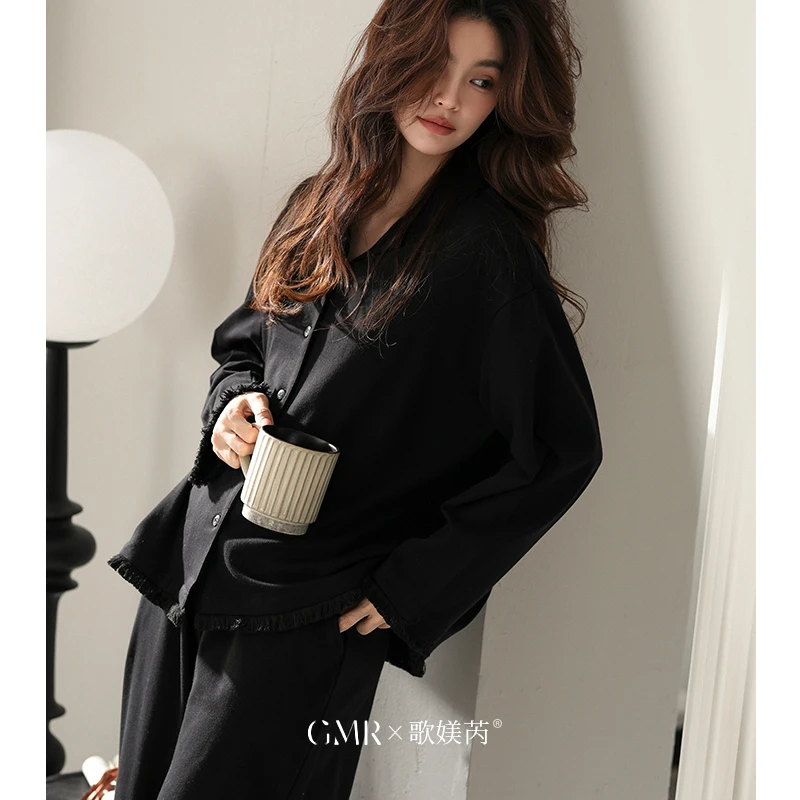 初秋季长袖翻领睡衣女套装大码春季长袖长裤纯棉可外穿居家服套装