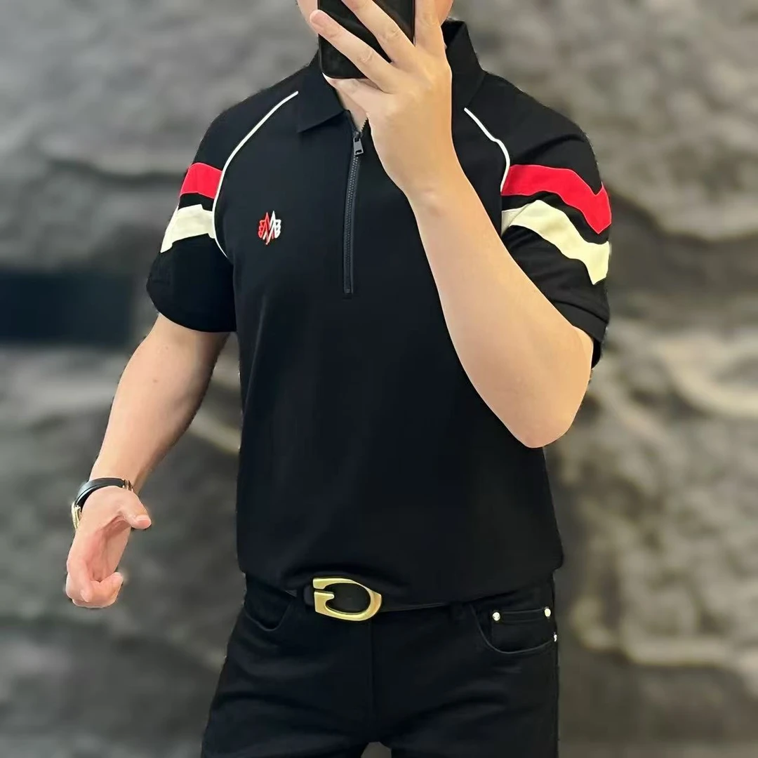 新款高端男士潮流百搭个性图半拉链休闲Polo衫9665