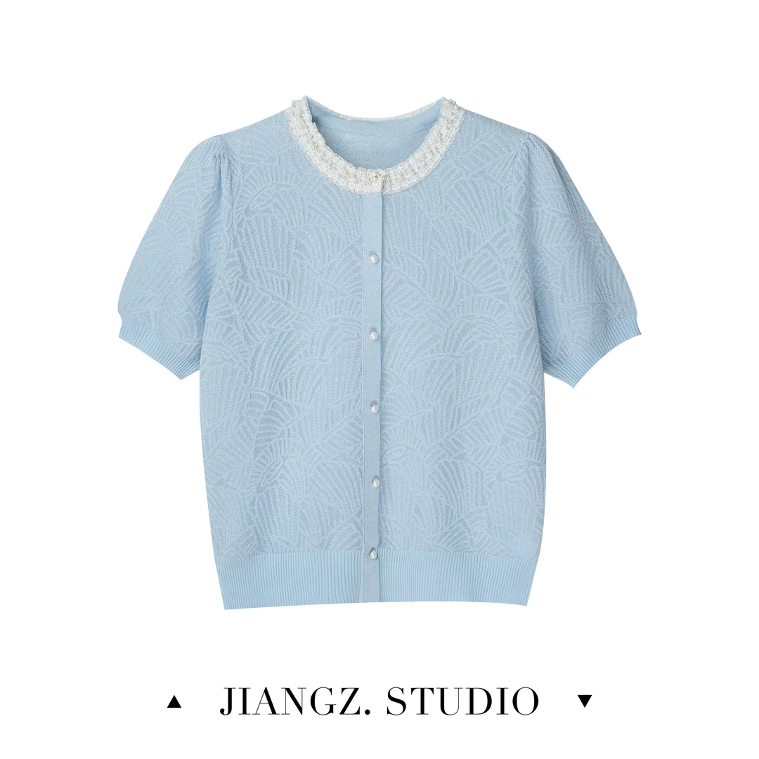 panii【云涧】春游蕾丝钉珠短袖镂空高级感千金百搭显瘦上衣