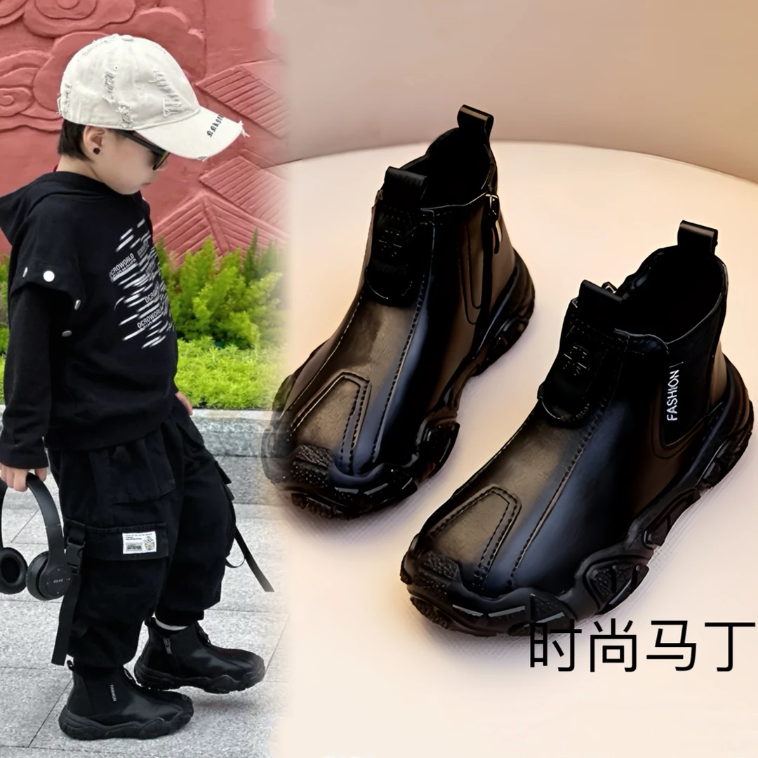 儿童马丁靴加绒冬季洋气2024新款宝宝6-12岁真皮男童保暖短靴加厚