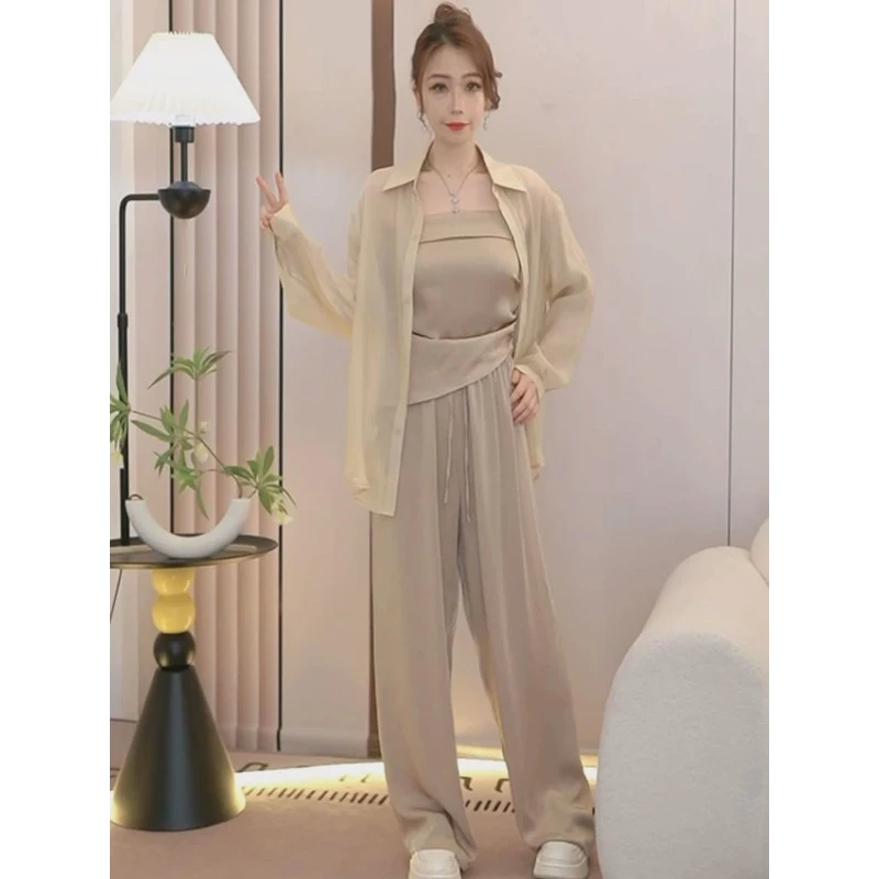 时尚减龄防晒套装女夏季设计感后背镂空雪纺衬衫阔腿休闲裤三件套