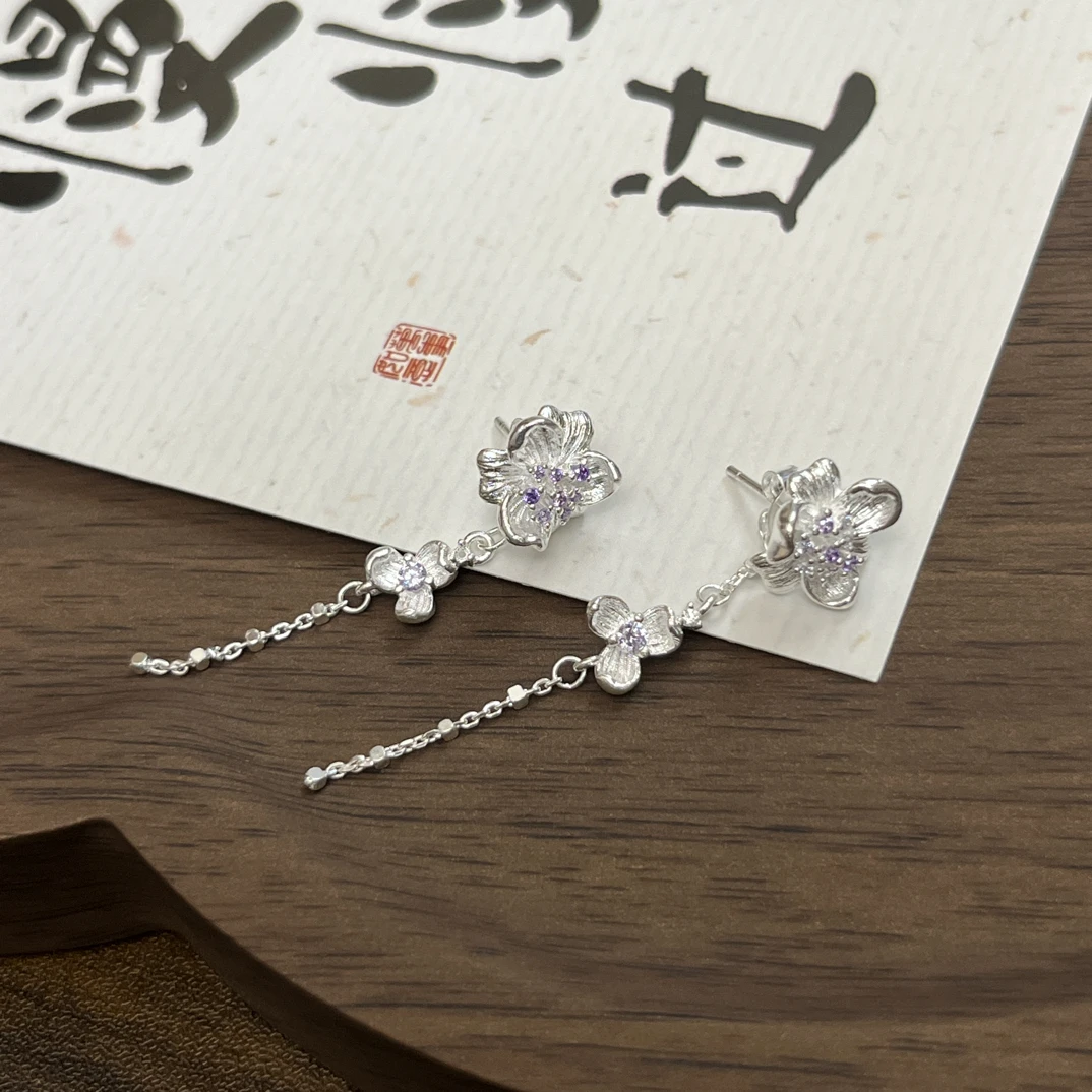 925银耳饰 s925纯银【茉莉花】流苏纯银耳钉女两戴款耳饰