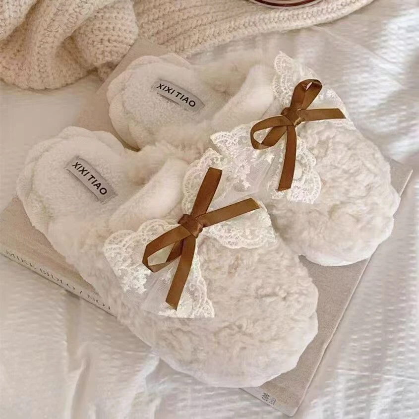 蝴蝶结厚底防滑保暖居家休闲百搭家庭拖鞋女冬季棉拖鞋女款学生版