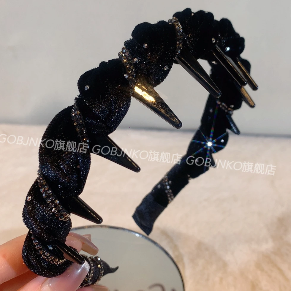 GOBJNKO韩版丝绒发箍休闲风简约风日韩黑色编织设计黑色长齿头箍