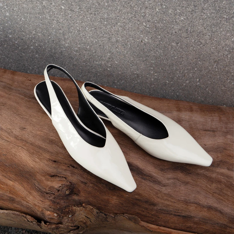 浅口后空单鞋2025夏新款牛皮坡跟一字带包头凉鞋女通勤尖头奶奶鞋