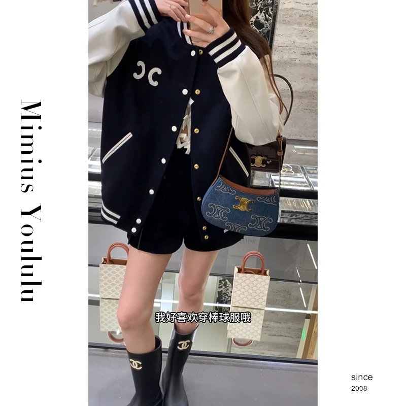 【mimius】&游鹿鹿 高奢线凯旋门学院风宽松拼皮撞色棒球服F09097