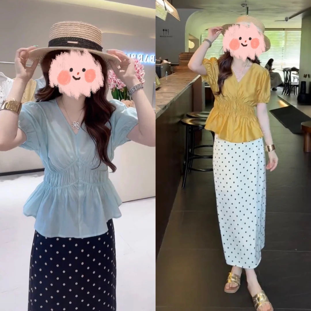 夏季捏褶设计感收腰法式V领显瘦衬衫气质高腰波点半身裙两件套