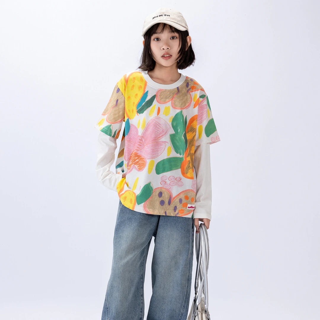 Singira儿童休闲打底衫抽象印花圆领假两件宽松长袖T恤艺术风3115