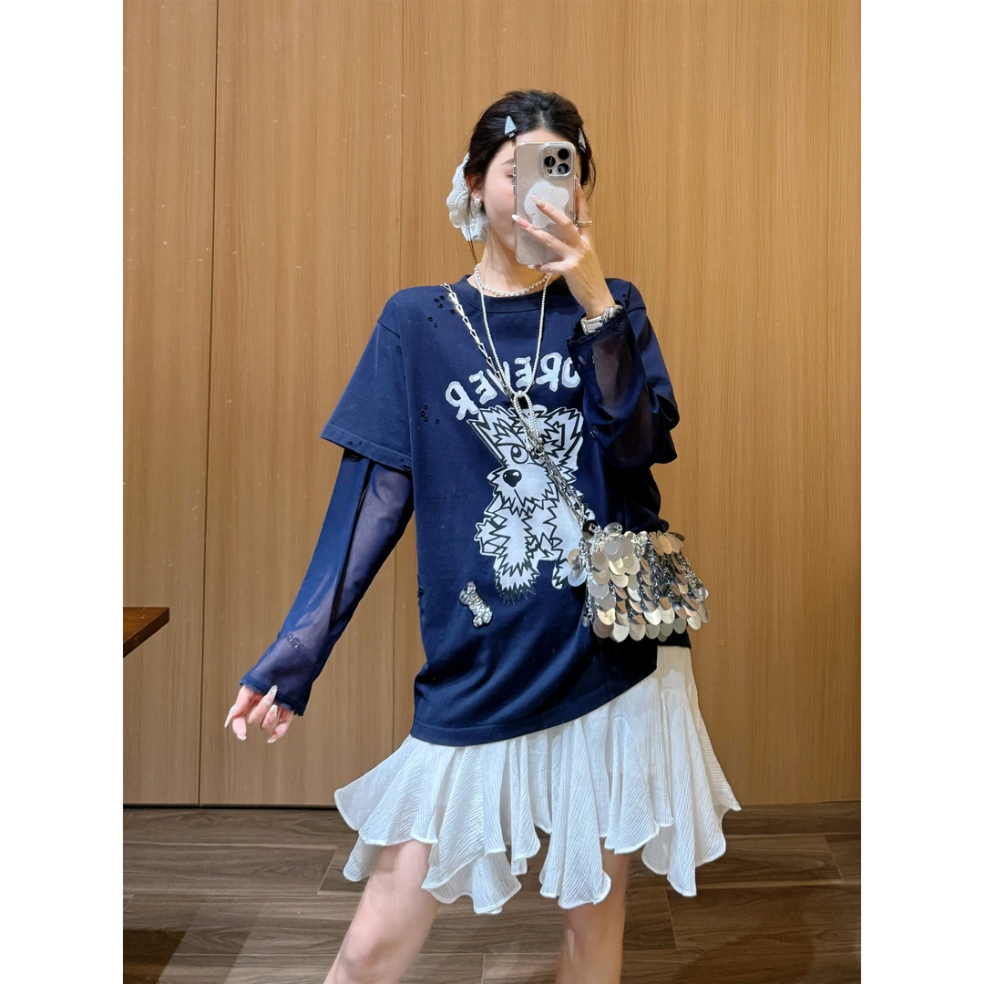 谢荞荞「炸毛小狗」夏季新买手店亮片拼接纱假两件破洞百搭T恤上衣