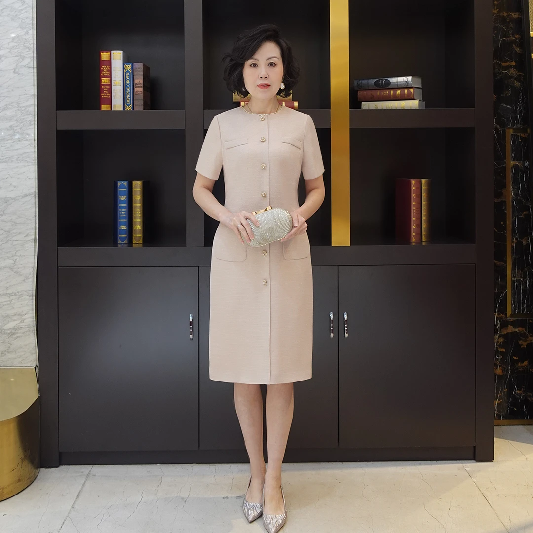 YINGDAK/应大新款米白色圆领小香风连衣裙喜婆婆喜妈妈场合装