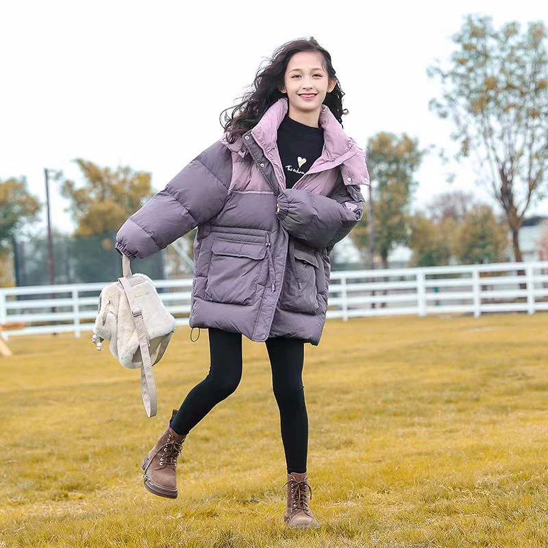 女童优优家紫色拼接羽绒服