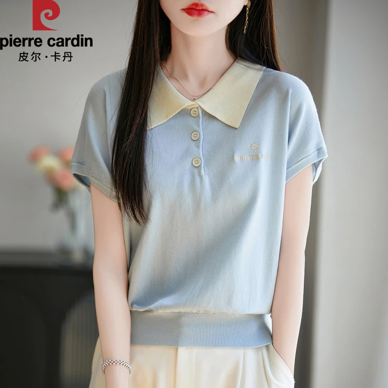 皮尔卡丹新款POLO领短袖撞色短袖针织衫洋气夏季女装休闲薄款减龄