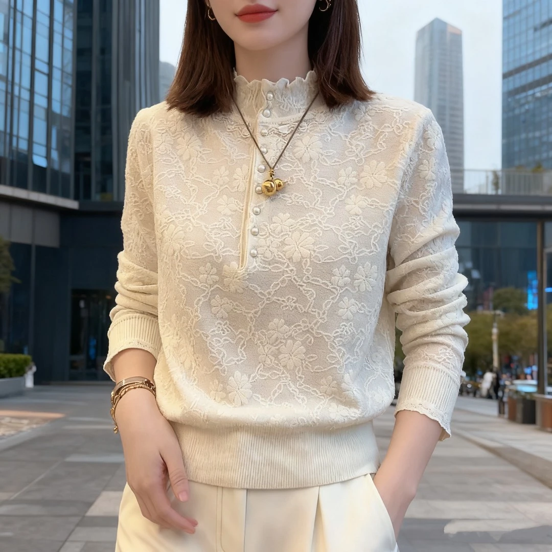 「珍珠扣花边毛衣」2025秋冬新款针织立领袖口镂空纽扣高级气质毛衣