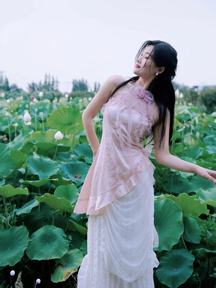 仙子狗尾巴花原创正版烟㓅两件套网纱粉色鱼尾裙