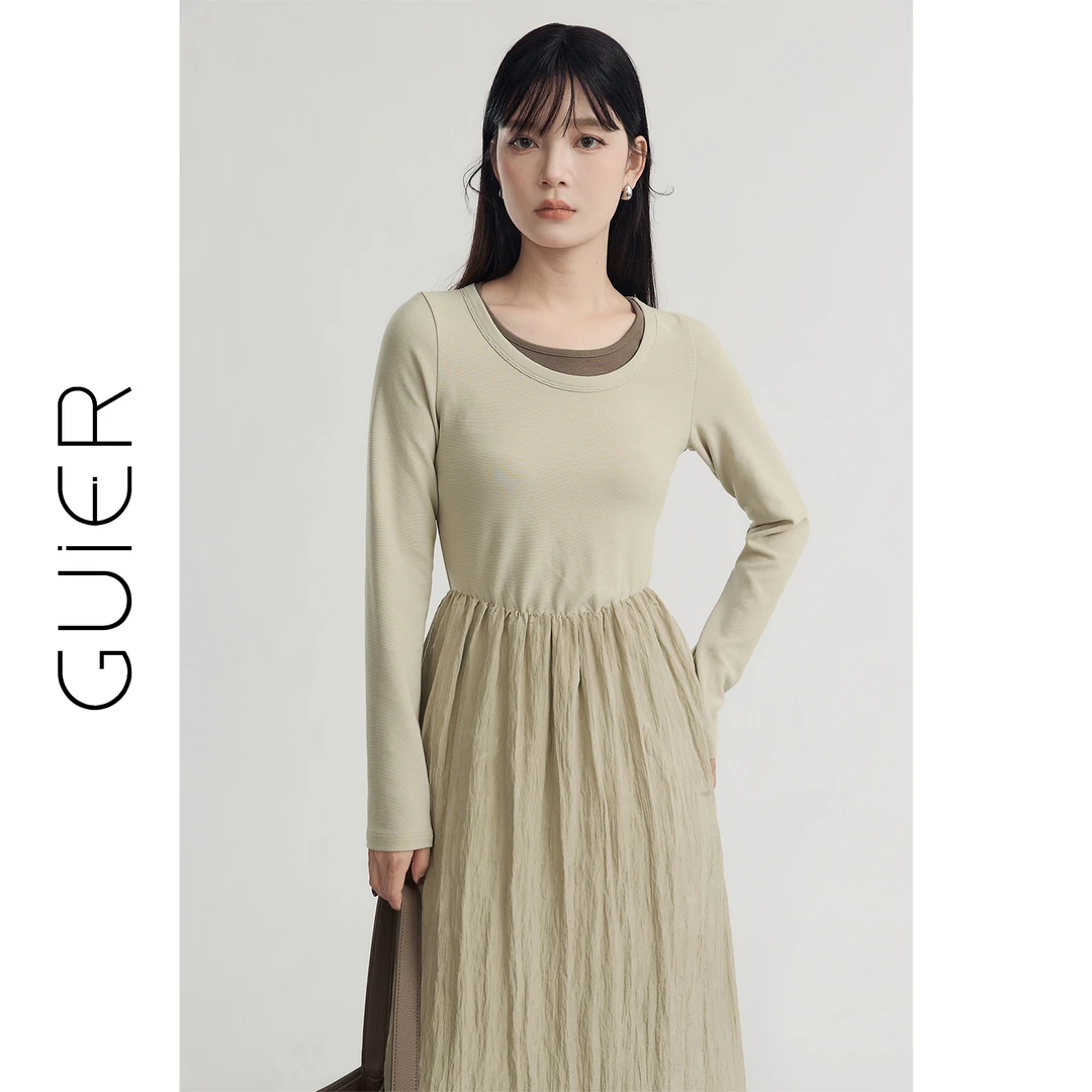 「GUIER」假两件拼接连衣裙2024新款法式复古圆领收腰裙子DS0147