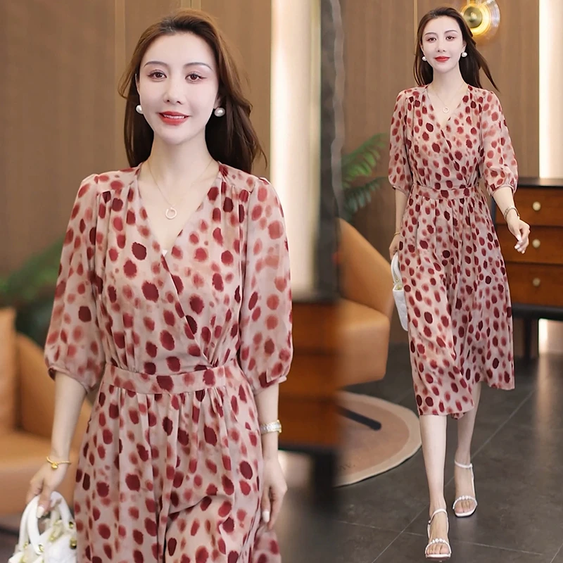 时尚连衣裙女2025夏新款洋气减龄小个子气质中长款波点显瘦A字裙