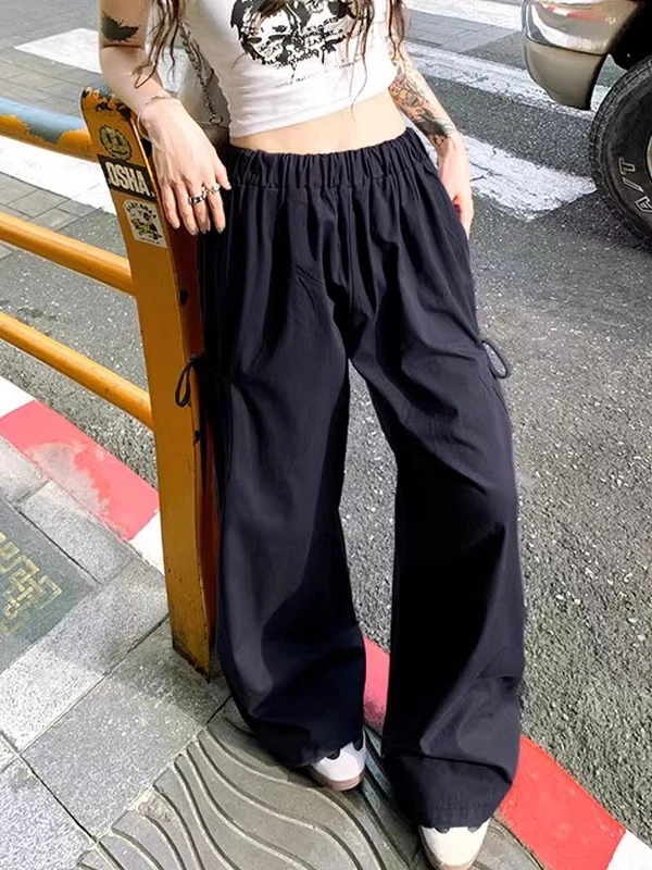 美式大码藏青色蝴蝶结绑带工装裤子女款胖mm显瘦休闲设计感阔腿裤